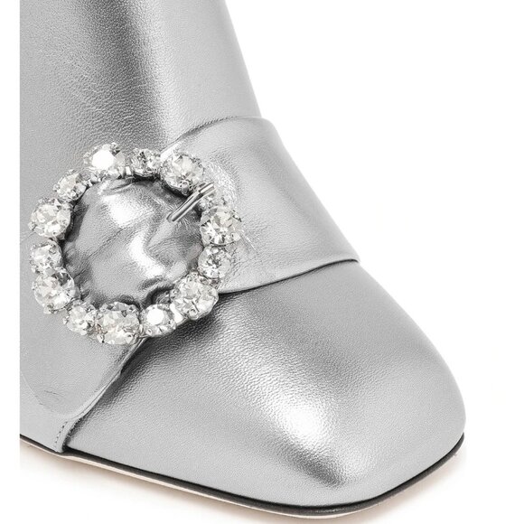 DOLCE & GABBANA BOOTS ANKLE METALLIC SILVER LEATHER JEWELED BUCKLE IT 38 US 7.5 - Picture 5 of 13